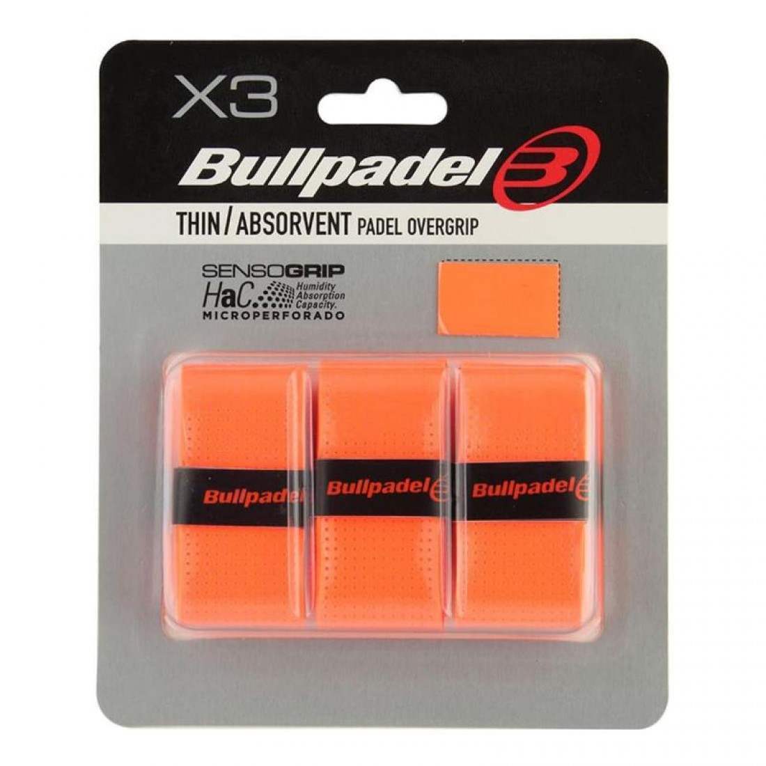 Bullpadel Blister Pack of 3 Overgrips GB1705 Senso Perforated Fluorescent Orange